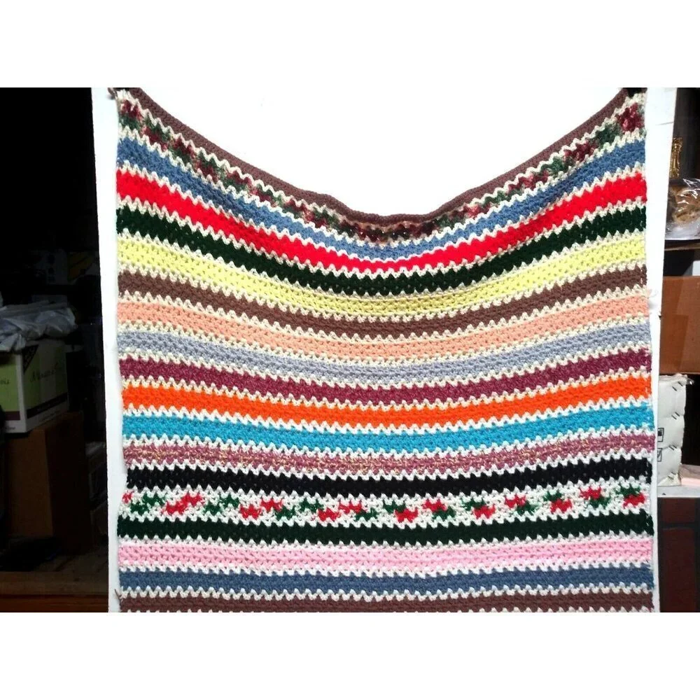 Hand Knit Afghan Fringe Multicolor Striped Throw Blanket 60.5